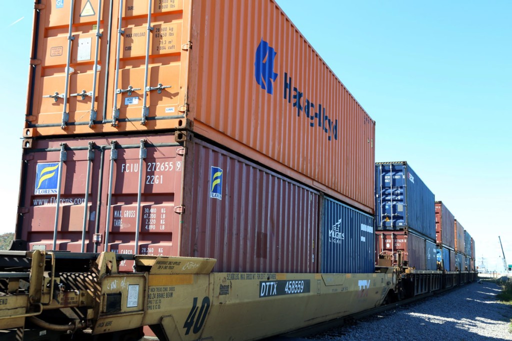 In a next-generation twist on landbridging, double-stacked containers head toward the U.S. West Coast from The Port of Virginia on a Norfolk Southern train. First-of-its-kind service
