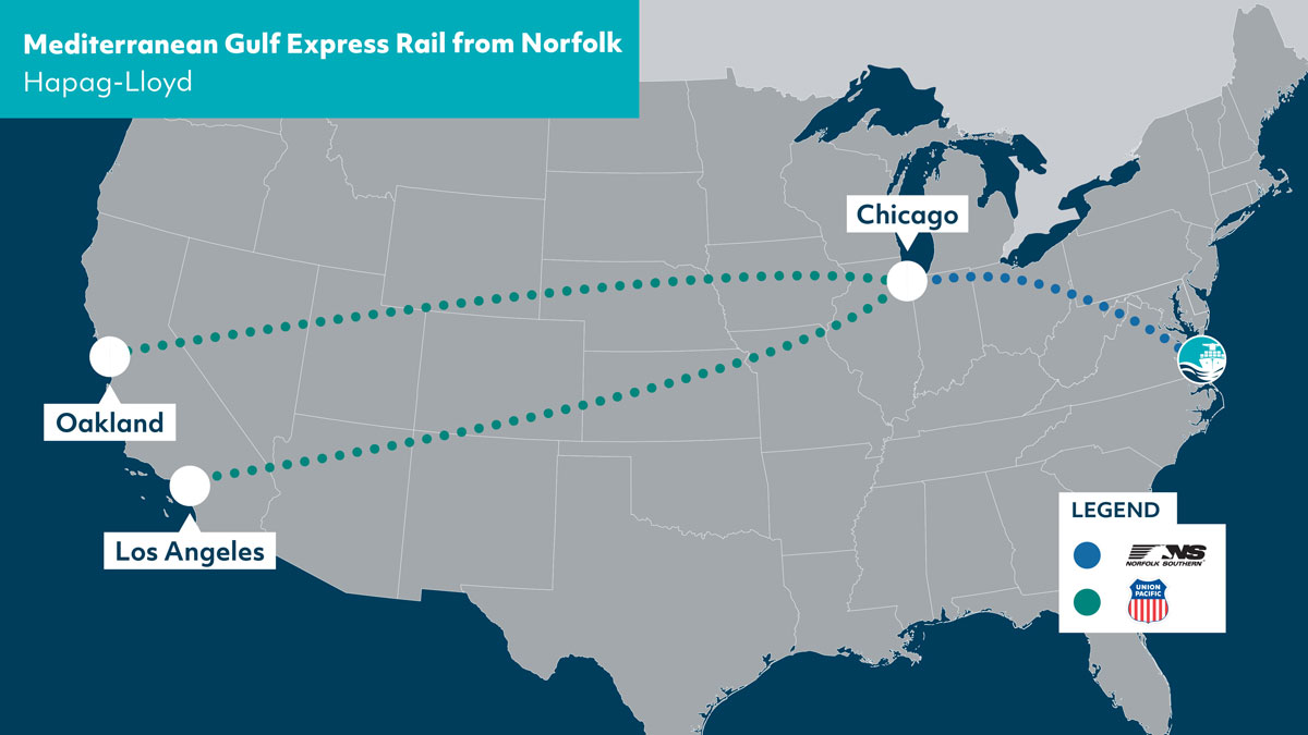 CUTLINE for va-2-map.jpg: Norfolk Southern trains carry containers from The Port of Virginia to Chicago, where they are switched to Union Pacific rail for transit to California. Partners are all aboard