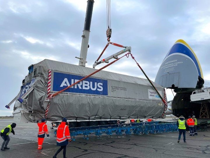 The satellite was transported in a special container designed for use in AN-124-100 aircraft. It weighed 60 tonnes in total and measured 14.69 m in length, 5.45 m in width, and 4.36 m in height.