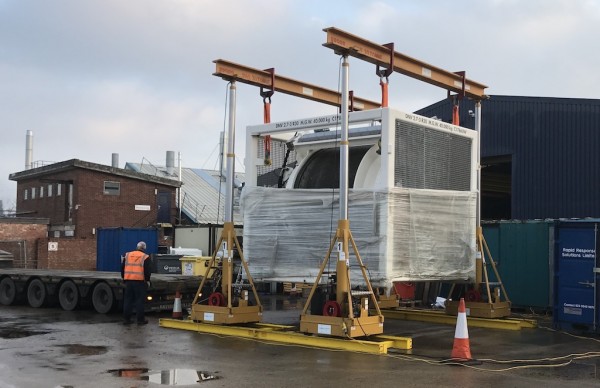 The hydraulic gantry system lifts the 40t winch from a lorry, minutes after it had arrived at RRS’s Portsmouth facility from overseas.