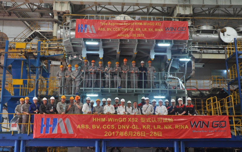 The WinGD 5-X52 diesel undergoing its FAT and TAT at the works of Hudong Heavy Machinery in Shanghai. Testing was witnessed by representatives of the leading Classification Societies: ABS, LR, CCS, BV, DNV-GL, KRS, NK and RINA.